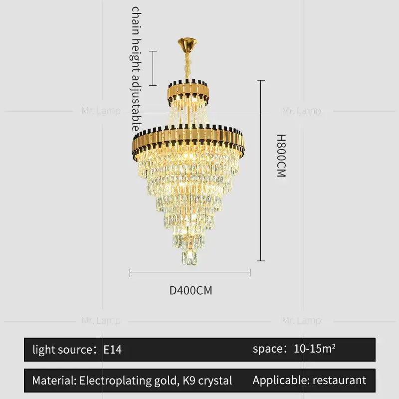 Gold electroplated decorbites crystal chandelier with cascading k9 crystal tiers for luxury duplex villas and banquet halls