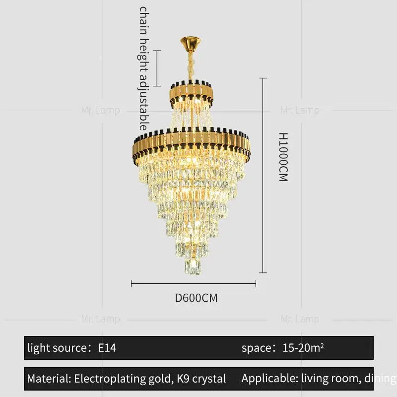 Gold electroplated decorbites crystal chandelier with cascading clear k9 crystal tiers for luxury venues