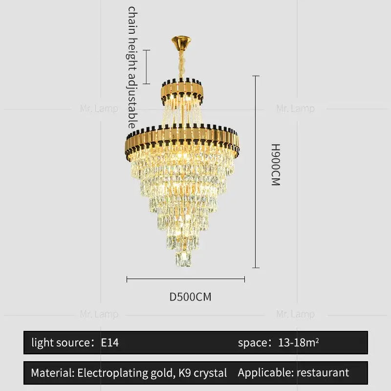 Gold electroplated decorbites crystal chandelier with cascading k9 crystal tiers for luxury villas and banquet halls