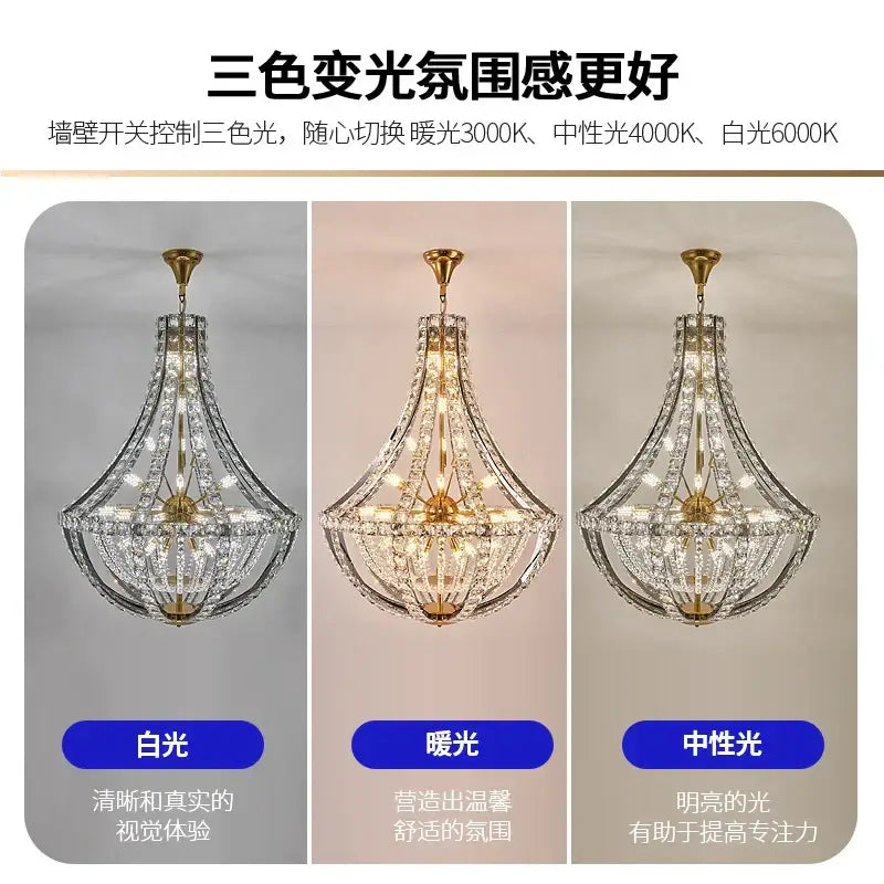DecorBites crystal chandelier with gold-toned frame and clear faceted crystals refracting light in three colors