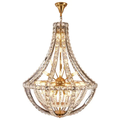 Gold-toned decorbites crystal chandelier with cascading crystal prisms and central light fixture for modern luxury