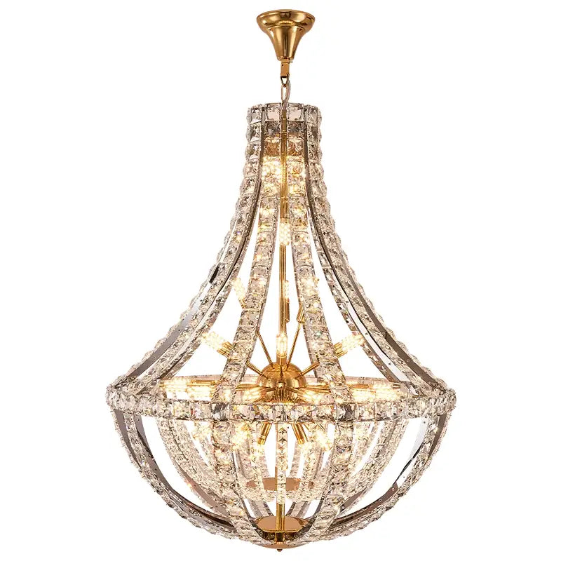 Gold-toned decorbites crystal chandelier with cascading crystal prisms and central light fixture for modern luxury