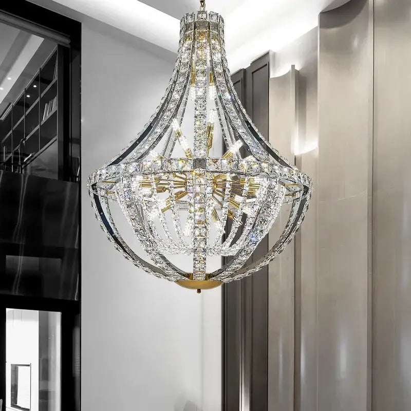 Decorbites crystal chandelier with gold-toned metal frame and teardrop faceted crystals for luxurious room decor