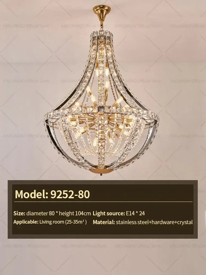 Elegant decorbites crystal chandelier with gold-toned stainless steel frame and intricate hanging crystals for modern luxury