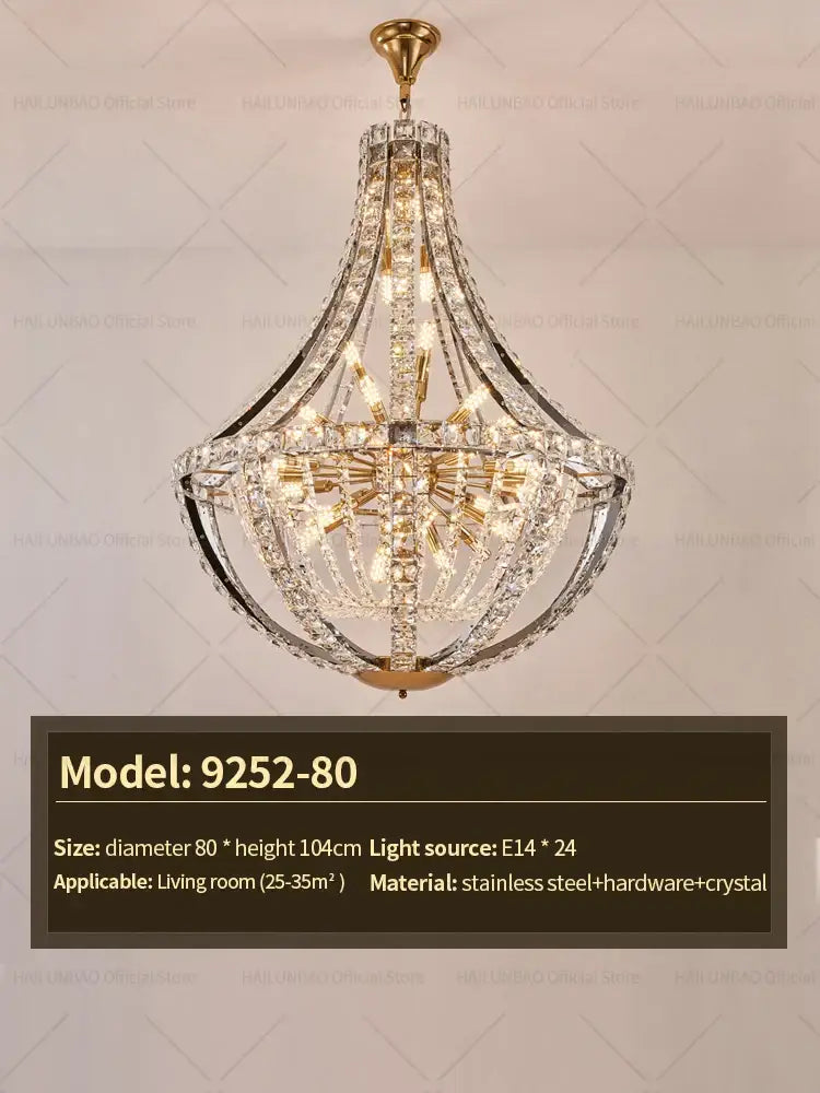 Elegant decorbites crystal chandelier with gold-toned stainless steel frame and intricate hanging crystals for modern luxury