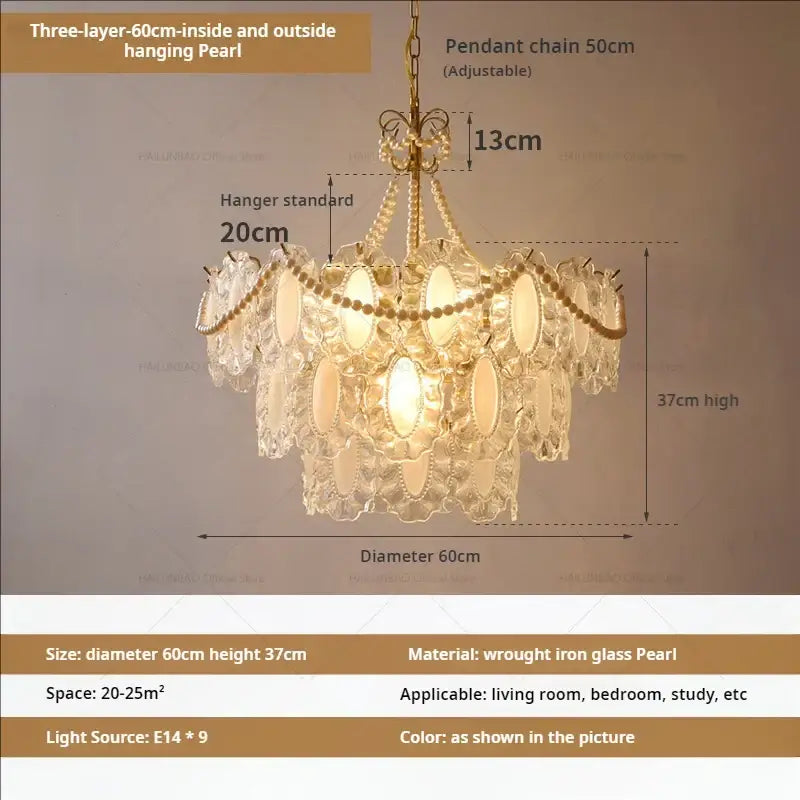 Elegant three-layer hanging decorbites crystal chandelier with pearlescent discs and gold-toned wrought iron frame for living rooms