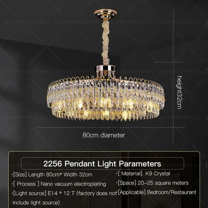 A luxurious gold-toned decorbites crystal chandelier with cascading k9 crystal droplets and twisted fabric suspension cord