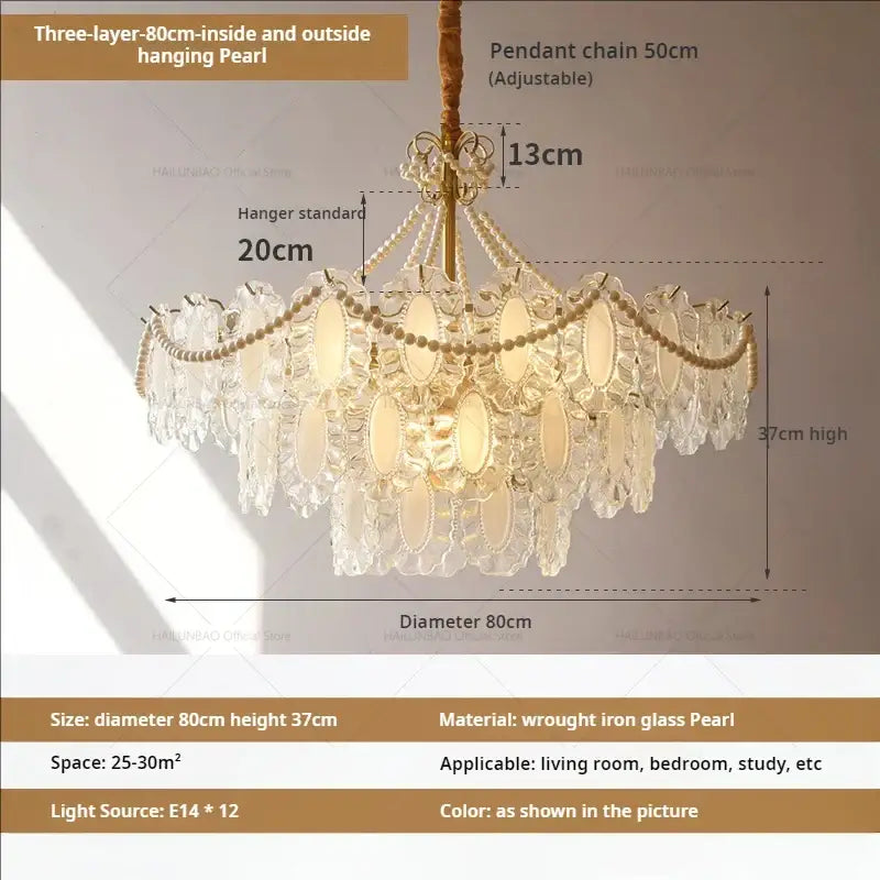 Elegant three-layer decorbites crystal chandelier with pearlescent glass elements and wrought iron frame for living room and bedroom