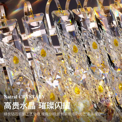 Clear crystal chandelier arms with faceted cuts and golden teardrop accents in decorbites crystal chandelier design
