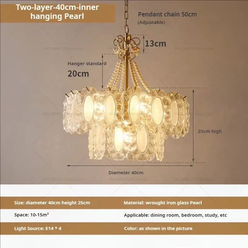 Two-layer hanging decorbites crystal chandelier with golden wrought iron frame and clear pearlescent glass discs