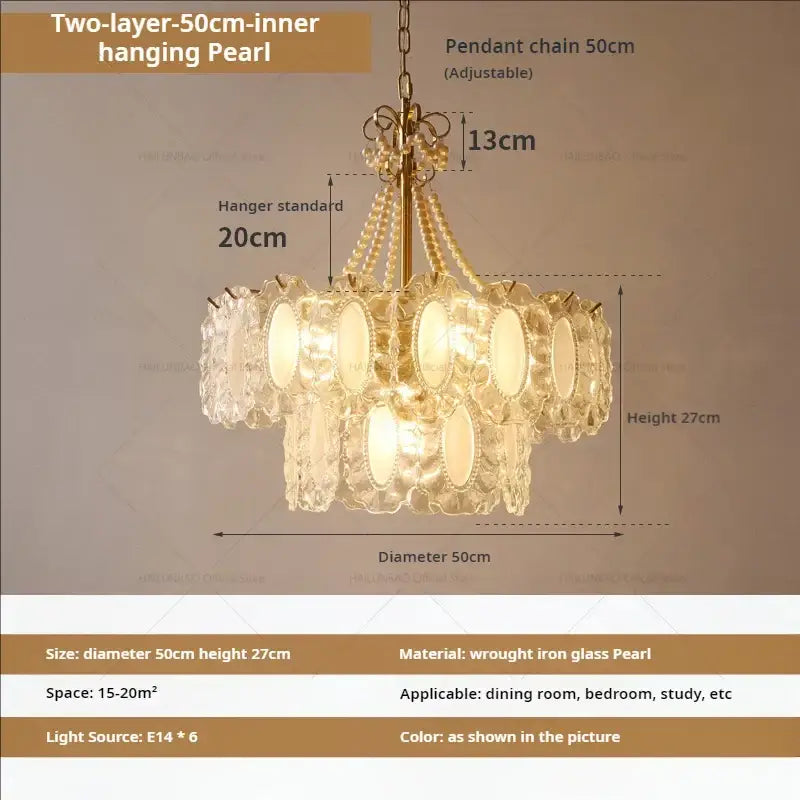 A two-layer 50cm decorbites crystal chandelier with clear glass pearlescent discs and brass wrought iron frame for living room and bedroom