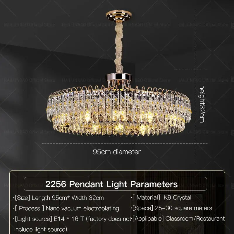 Decorbites crystal chandelier with 95cm diameter gold-toned frame and cascading k9 crystal prisms for modern luxury spaces