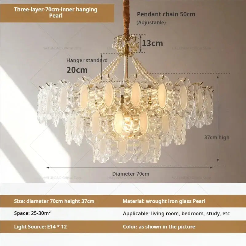 Elegant three-layer decorbites crystal chandelier with wrought iron frame and pearlescent glass for modern interiors
