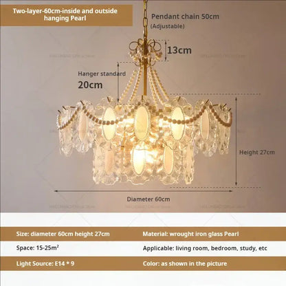Elegant two-layer decorbites crystal chandelier with pearlescent crystals and brass wrought iron frame for living spaces
