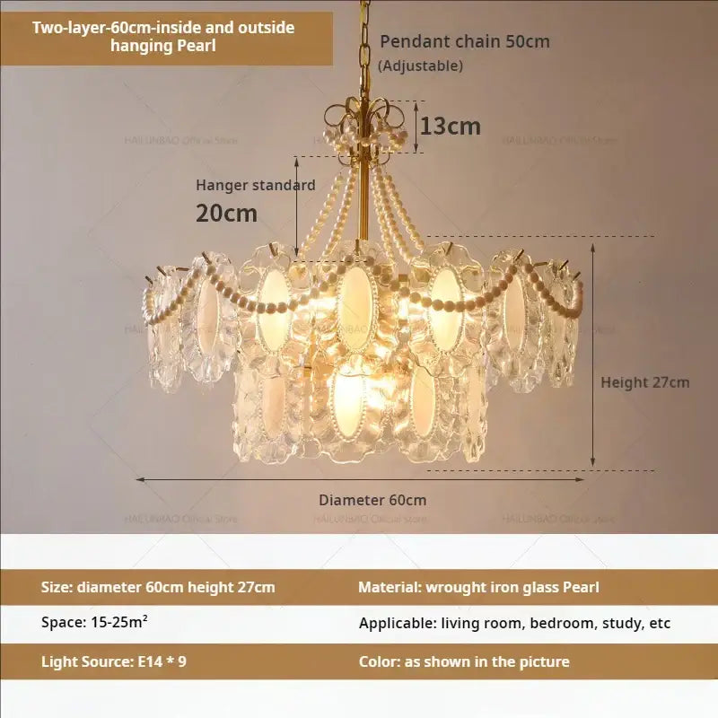 Elegant two-layer decorbites crystal chandelier with pearlescent crystals and brass wrought iron frame for living spaces