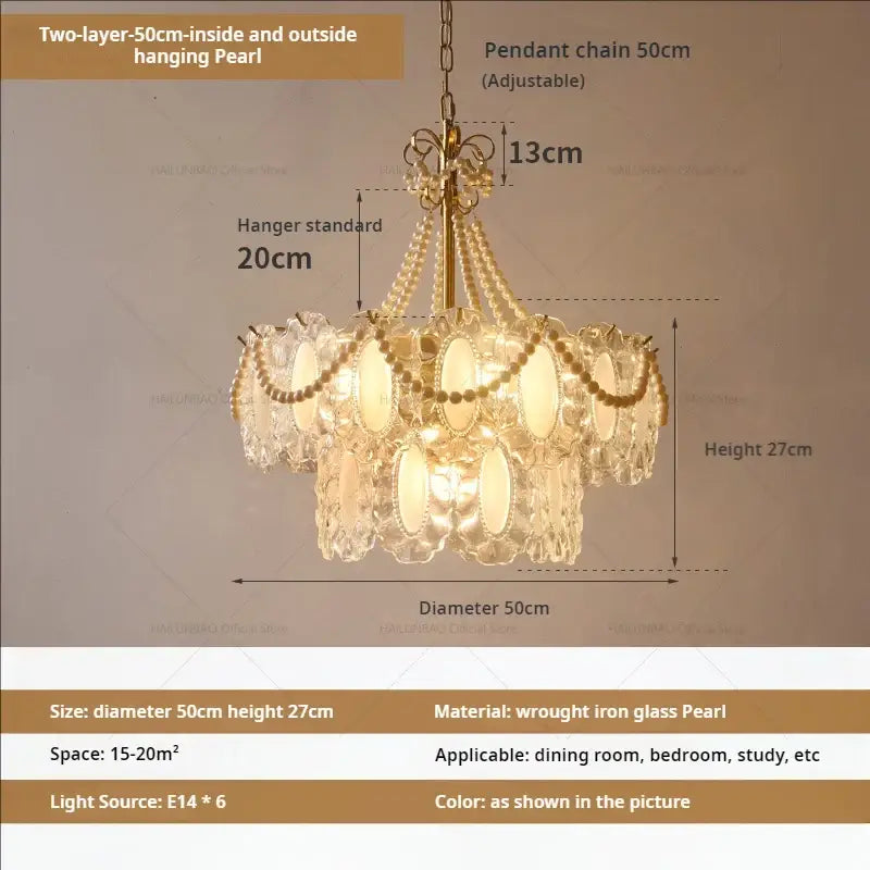 Elegant two-layer decorbites crystal chandelier with clear glass pearl accents and gold wrought iron frame for living spaces