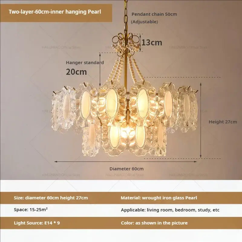 Decorbites crystal chandelier two-layer 60cm pearl chandelier with clear glass shades and brass wrought iron frame