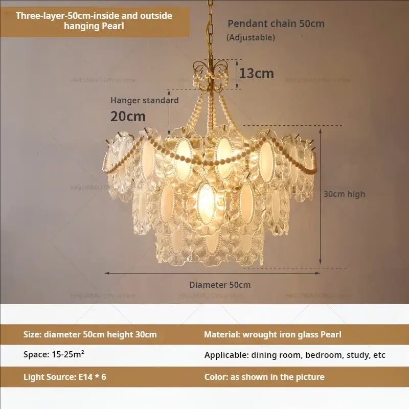 A three-layer decorbites crystal chandelier with clear glass pearl discs and wrought iron frame for modern luxury