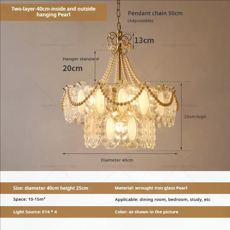 Decorbites crystal chandelier with two-layer golden wrought iron frame and clear glass pearlescent shades for living room and bedroom