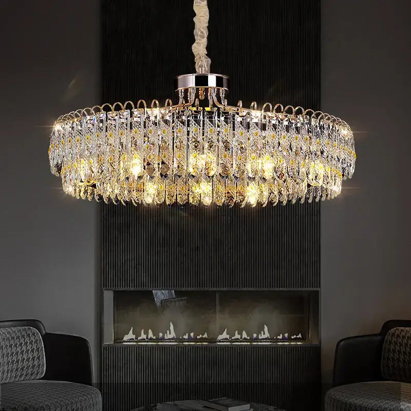 Decorbites crystal chandelier with polished chrome and cascading clear and amber crystals for modern luxury spaces