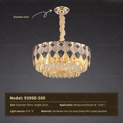 Decorbites crystal chandelier with k9 crystals and dark blue gold mosaic iron lamp body for modern luxury interiors