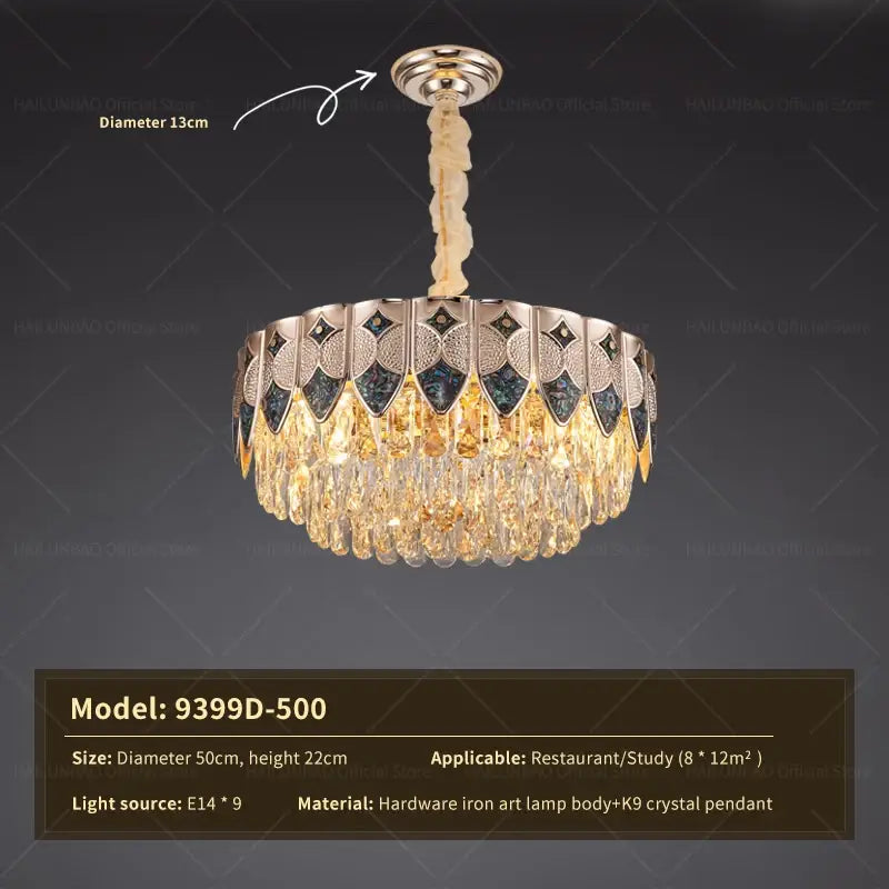 Decorbites crystal chandelier with k9 crystals and dark blue gold mosaic iron lamp body for modern luxury interiors