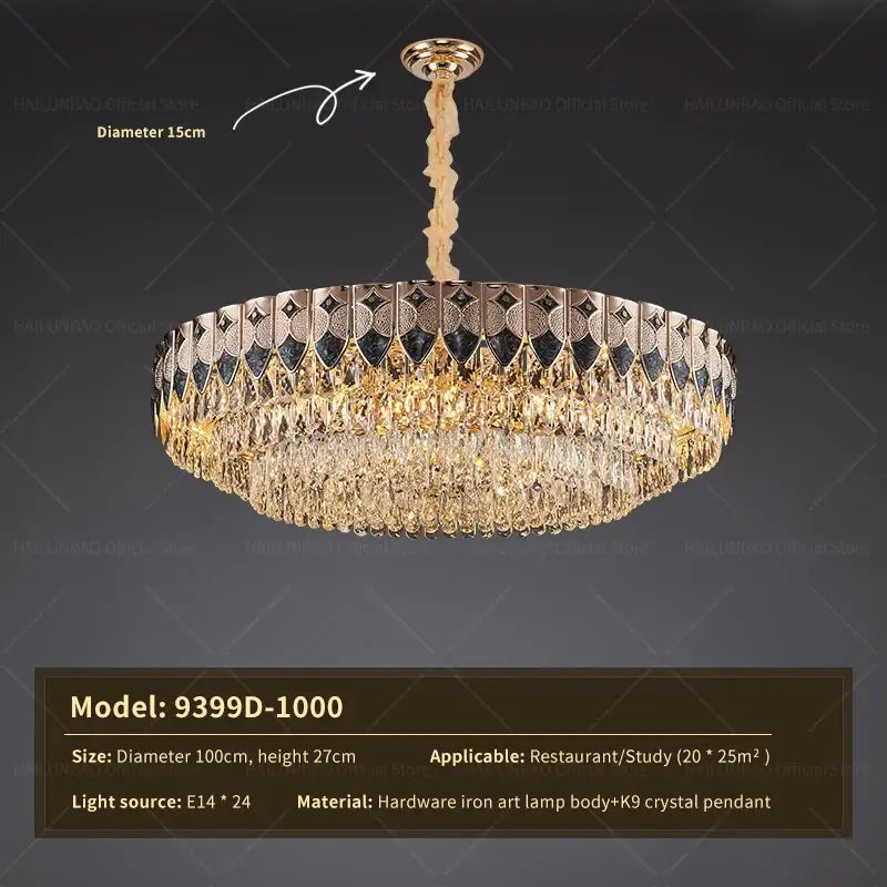 Gold-toned decorbites crystal chandelier with decorative iron art body and cascading k9 crystal pendants for luxury interiors