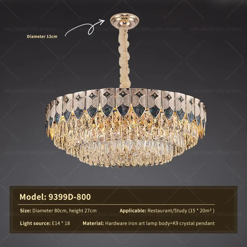 Elegant round decorbites crystal chandelier with metallic iron body, dark blue silver panels, and cascading k9 crystal pendants