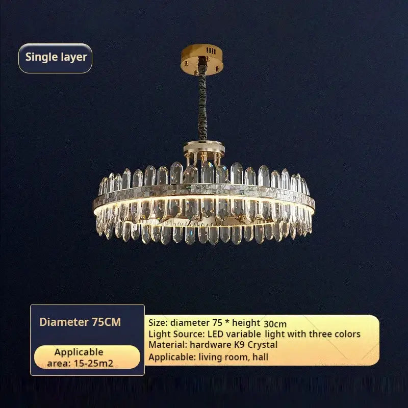 A decorbites crystal chandelier with a gold-finished frame and cascading k9 crystal prisms for modern luxury interiors