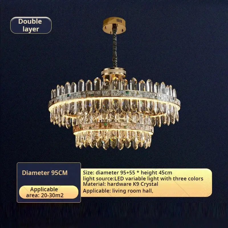 Decorbites crystal chandelier with double-layered gold-toned frame and clear k9 crystal droplets featuring led lighting