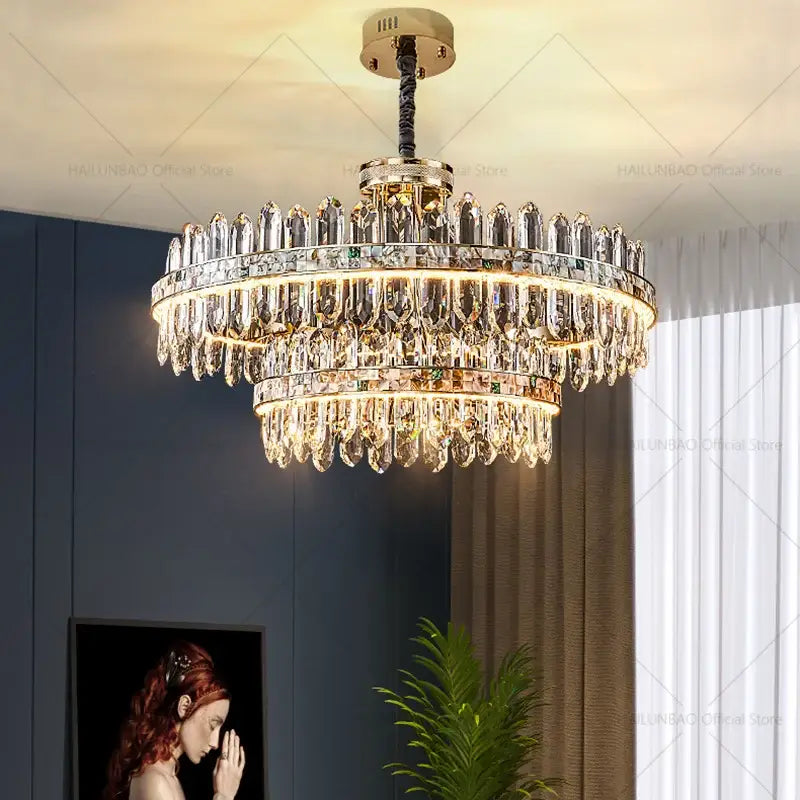 DecorBites crystal chandelier with gold metal frame and clear faceted crystals for modern luxury lighting