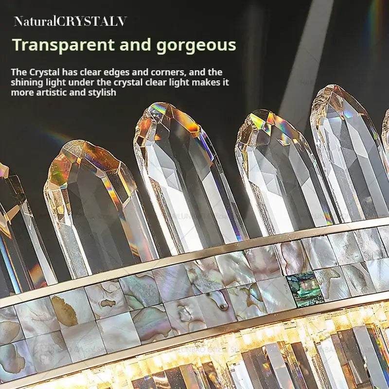Clear faceted crystal prisms with iridescent edges on a polished metallic base in the DecorBites crystal chandelier