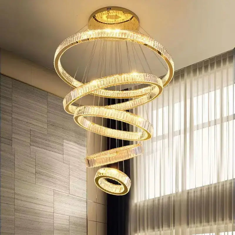 Golden spiral decorbites crystal chandelier with crystal-encrusted rings for modern luxury villa lighting