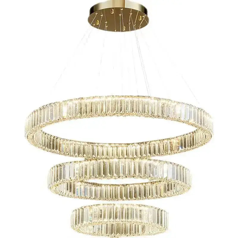 Gold-toned decorbites crystal chandelier with three concentric faceted crystal rings for villa and duplex hall lighting