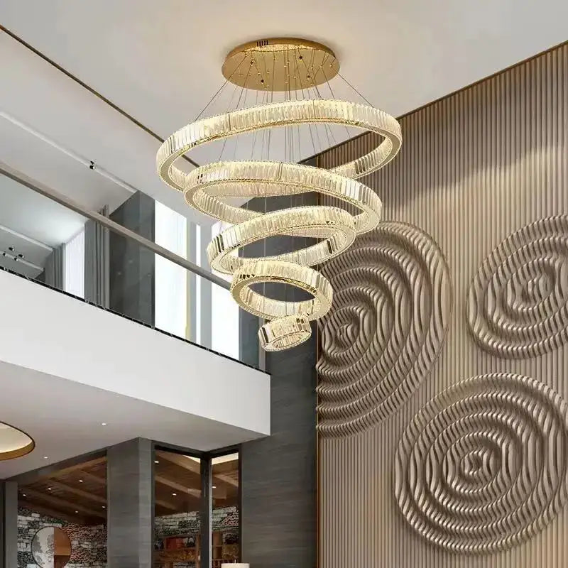 Golden spiral crystal chandelier with crystal rings by DecorBites crystal chandelier for modern villa lighting