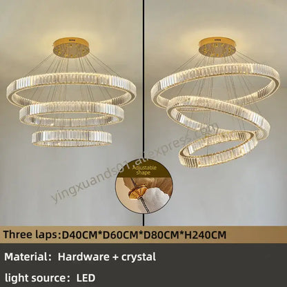 A modern multi-tiered decorbites crystal chandelier with clear crystal rings and a gold-toned metal frame for luxury lighting