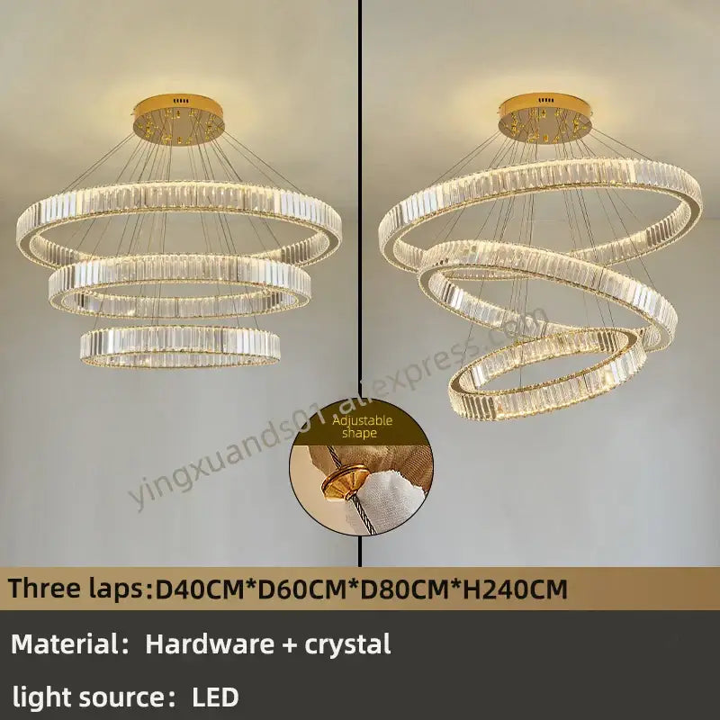 A modern multi-tiered decorbites crystal chandelier with clear crystal rings and a gold-toned metal frame for luxury lighting
