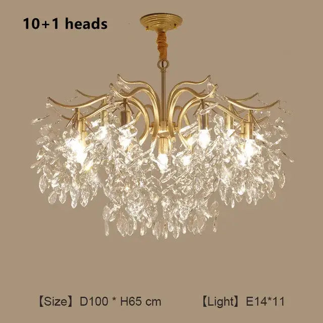 A decorbites crystal chandelier with over 10 light heads and cascading crystal leaves for living room and bedroom lighting