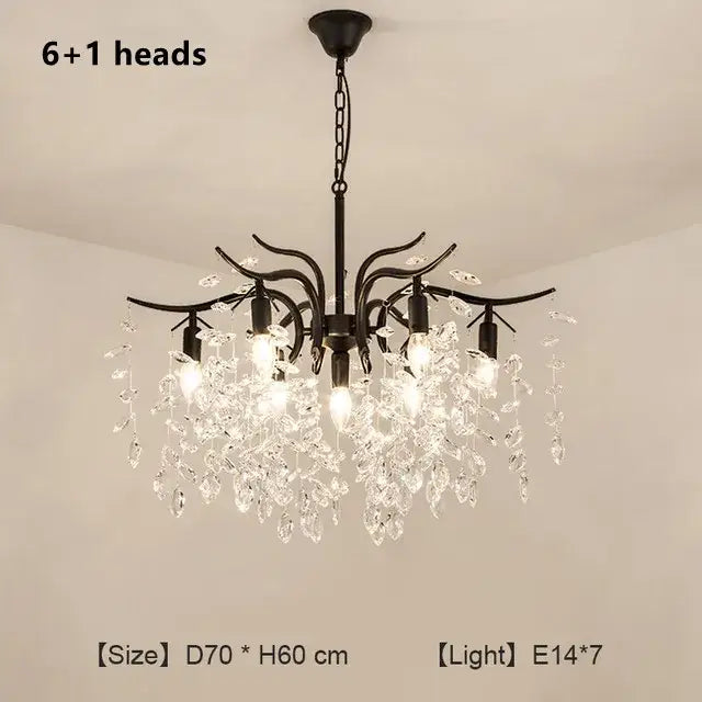 Black wrought iron DecorBites crystal chandelier with six illuminated e14 bulbs and cascading clear crystal droplets for living room