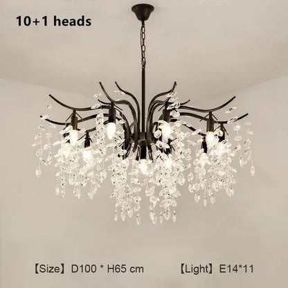 Black wrought iron decorbites crystal chandelier with 10+ crystal pendant heads and clear dangling crystals for living room and bedroom lighting