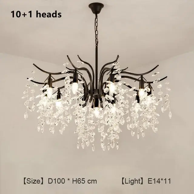 Black wrought iron decorbites crystal chandelier with 10+ crystal pendant heads and clear dangling crystals for living room and bedroom lighting