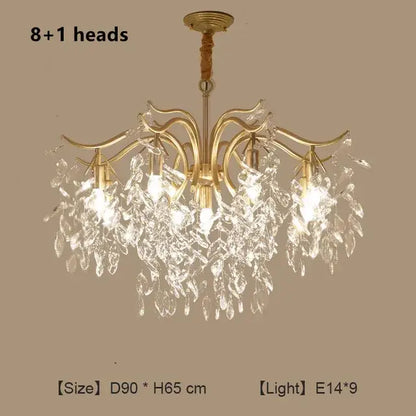 Gold-toned decorbites crystal chandelier with eight illuminated crystal leaf-shaped pendants for living room and bedroom
