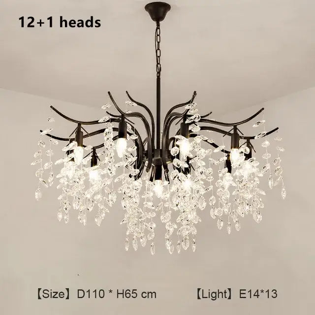 Black wrought iron decorbites crystal chandelier with 12+1 crystal pendant heads and cascading clear glass droplets for living room