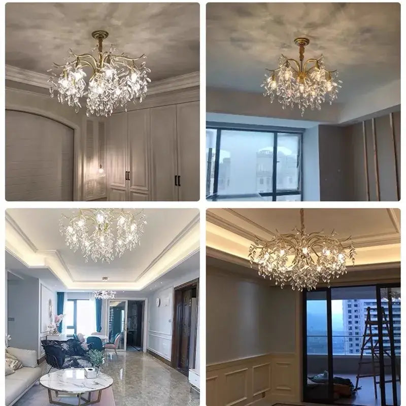 Gold-toned decorbites crystal chandelier with intricate branching arms and crystal droplets for living room and bedroom lighting