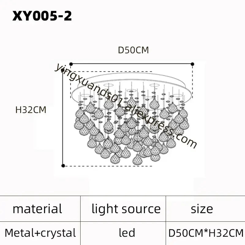 A decorbites crystal chandelier with a metallic frame and teardrop crystals measuring 50cm by 32cm