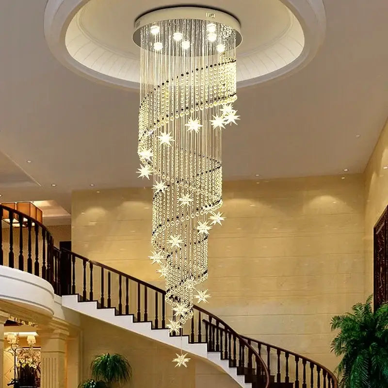 A decorbites crystal chandelier featuring a sparkling spiral design with cascading crystal strands and star-shaped ornaments