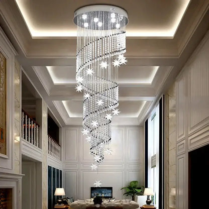 DecorBites crystal chandelier featuring a sparkling spiral of cascading crystal stars with a sleek white base for modern luxury lighting