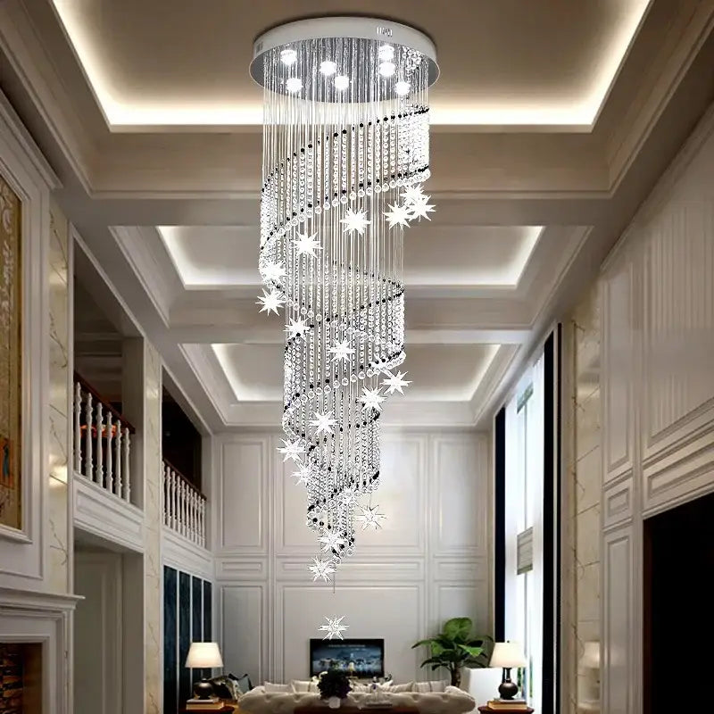 DecorBites crystal chandelier featuring a sparkling spiral of cascading crystal stars with a sleek white base for modern luxury lighting