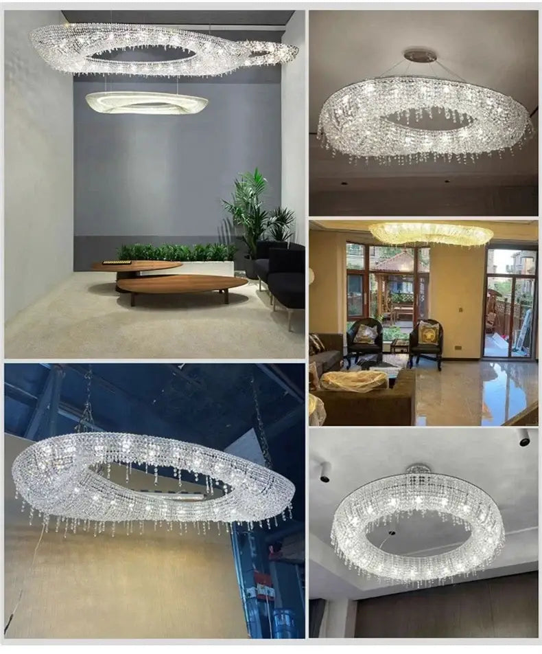 DecorBites crystal chandelier with circular clear crystal design and LED pendant light for living and dining rooms