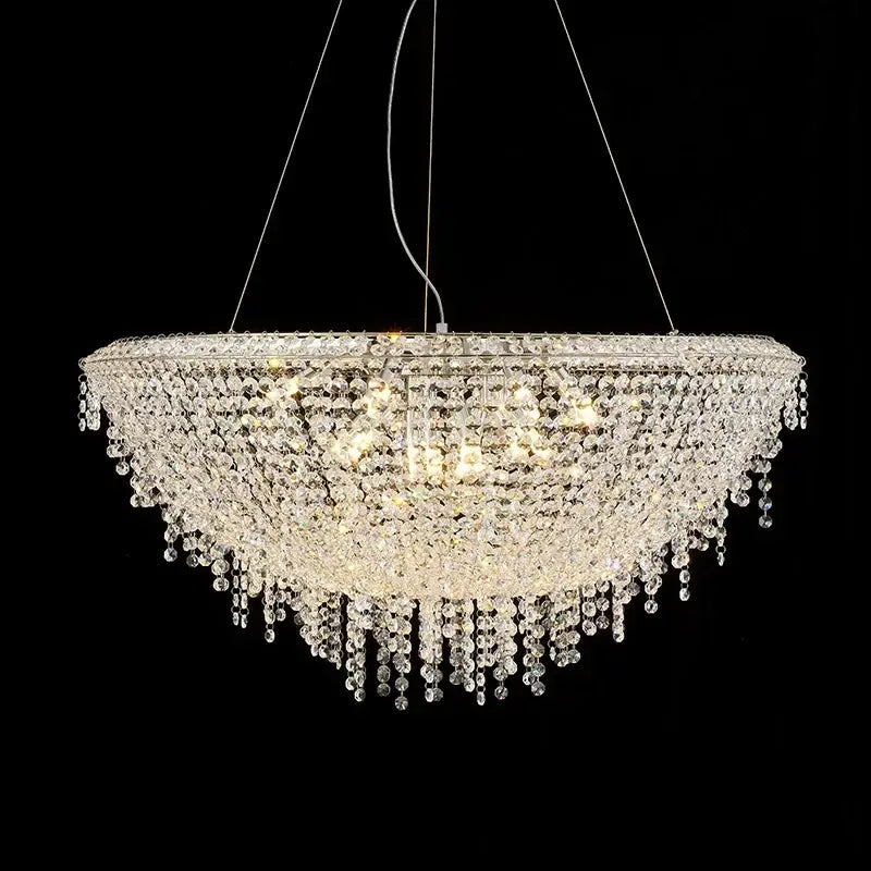 A decorbites crystal chandelier featuring cascading clear faceted beads and a sleek metallic frame for modern luxury lighting
